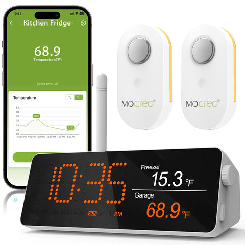 MOCREO remote thermometer hub display shows real-time temperatures for proactive monitoring.