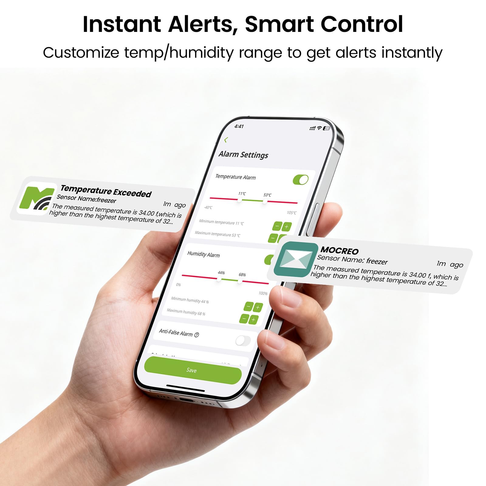 80dB alarm active on MOCREO device signaling abnormal conditions