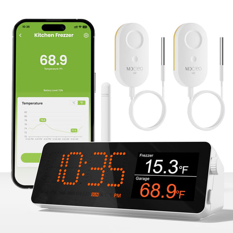 MOCREO WiFi remote thermometer hub display showing live temps for quick checks