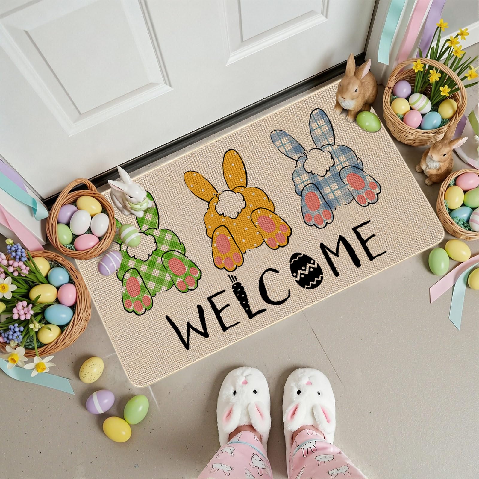 Mocsicka Bunny pattern door mat adds cute seasonal decor outdoors