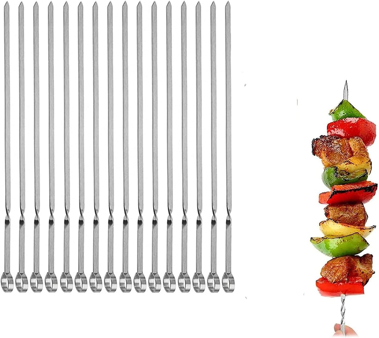 MOCUMEI metal skewers with flat blade and angled tip prevent spinning during grilling