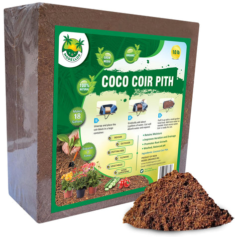 MODELLOR coir brick expands with water to create 18–20 gallons of growing medium.