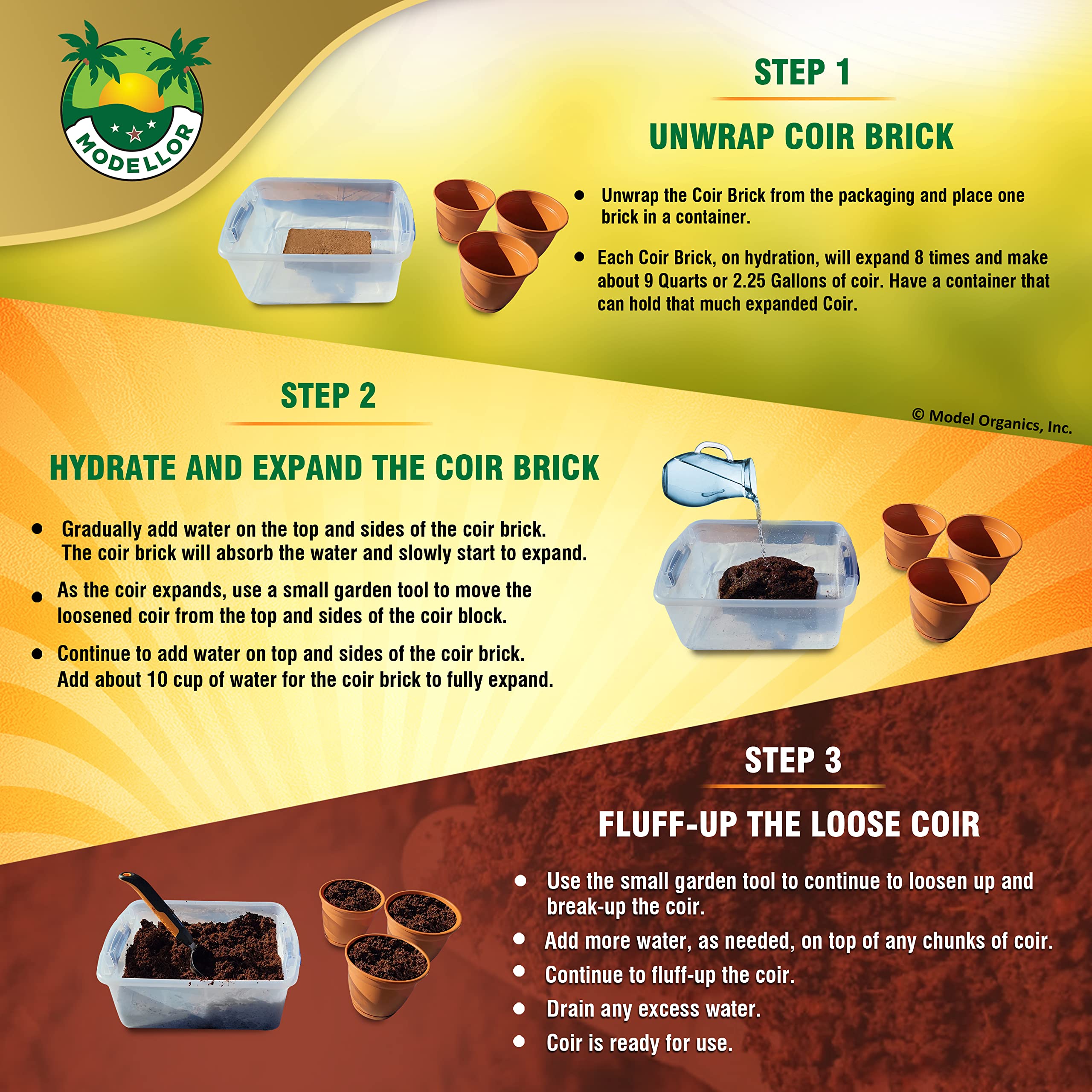 MODELLOR expanded coco coir reaches 9 gallons, maximizing growing medium volume.