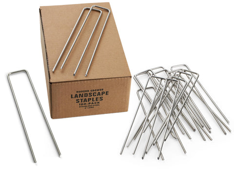 Modern Grower stainless steel landscape staples 6-inch focus, rust resistance for secure soil anchoring.
