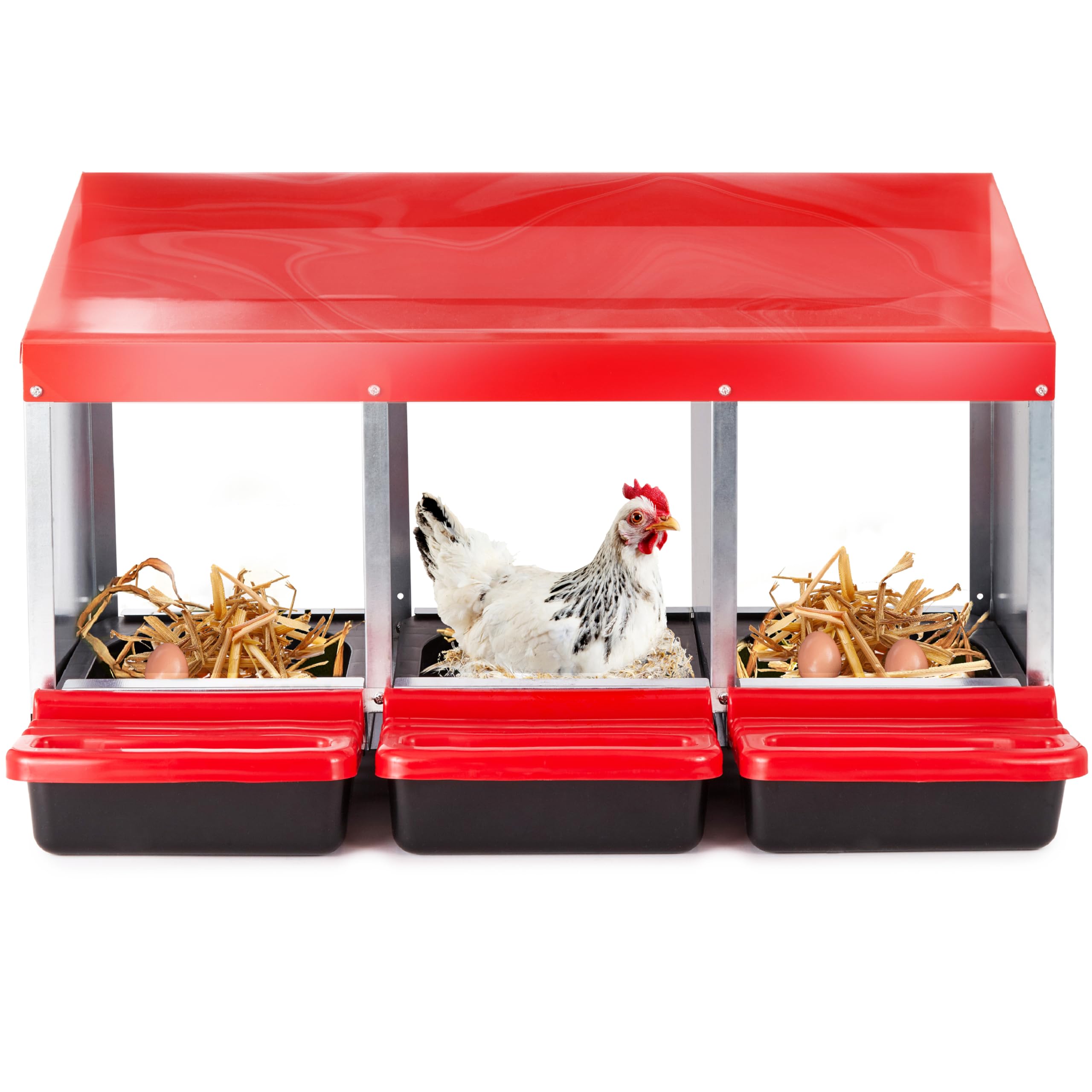 Modern Innovations chicken nesting box front view shows durable galvanized steel for heavy use.