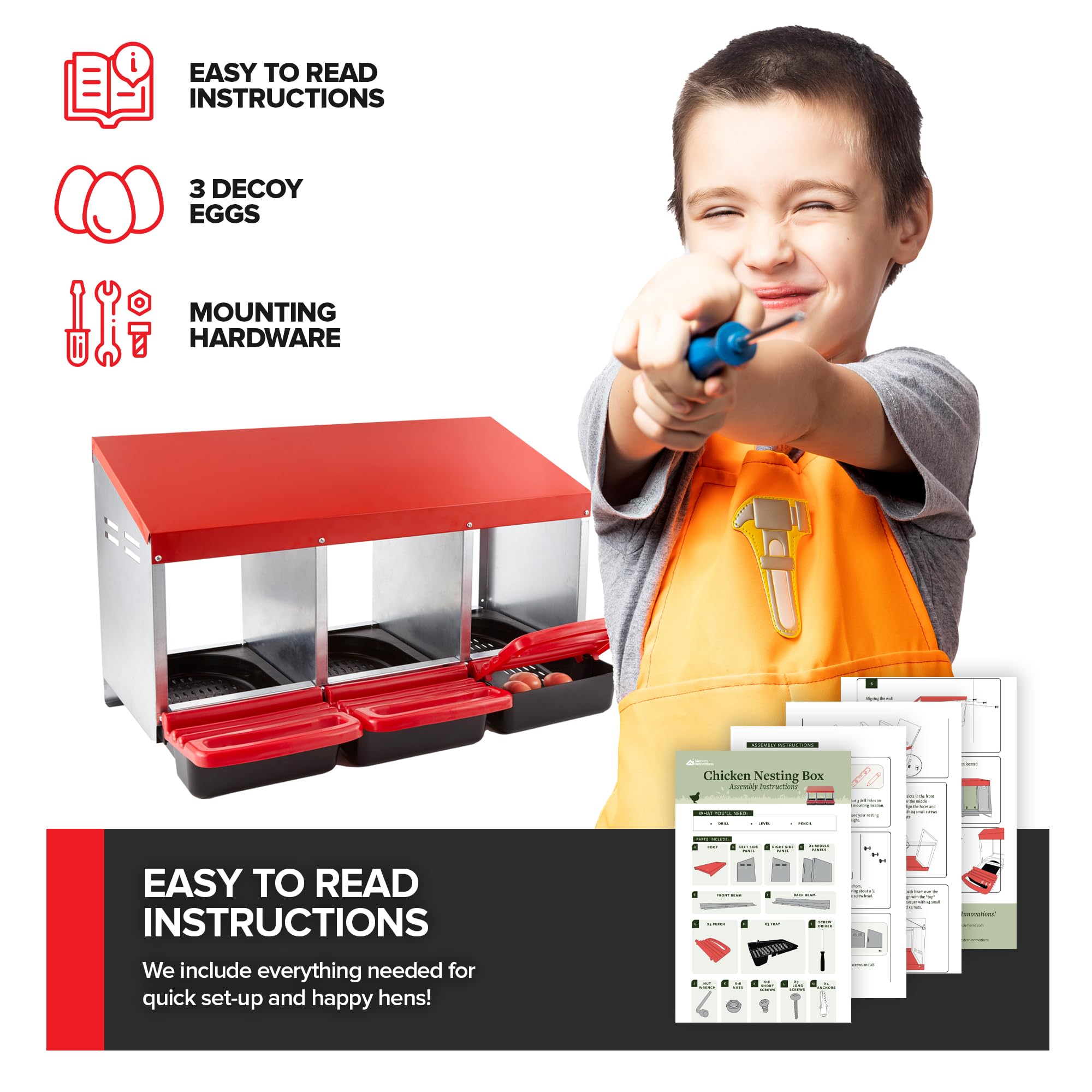 Modern Innovations easy-clean tray removal demonstrates quick maintenance for tidy nesting areas.