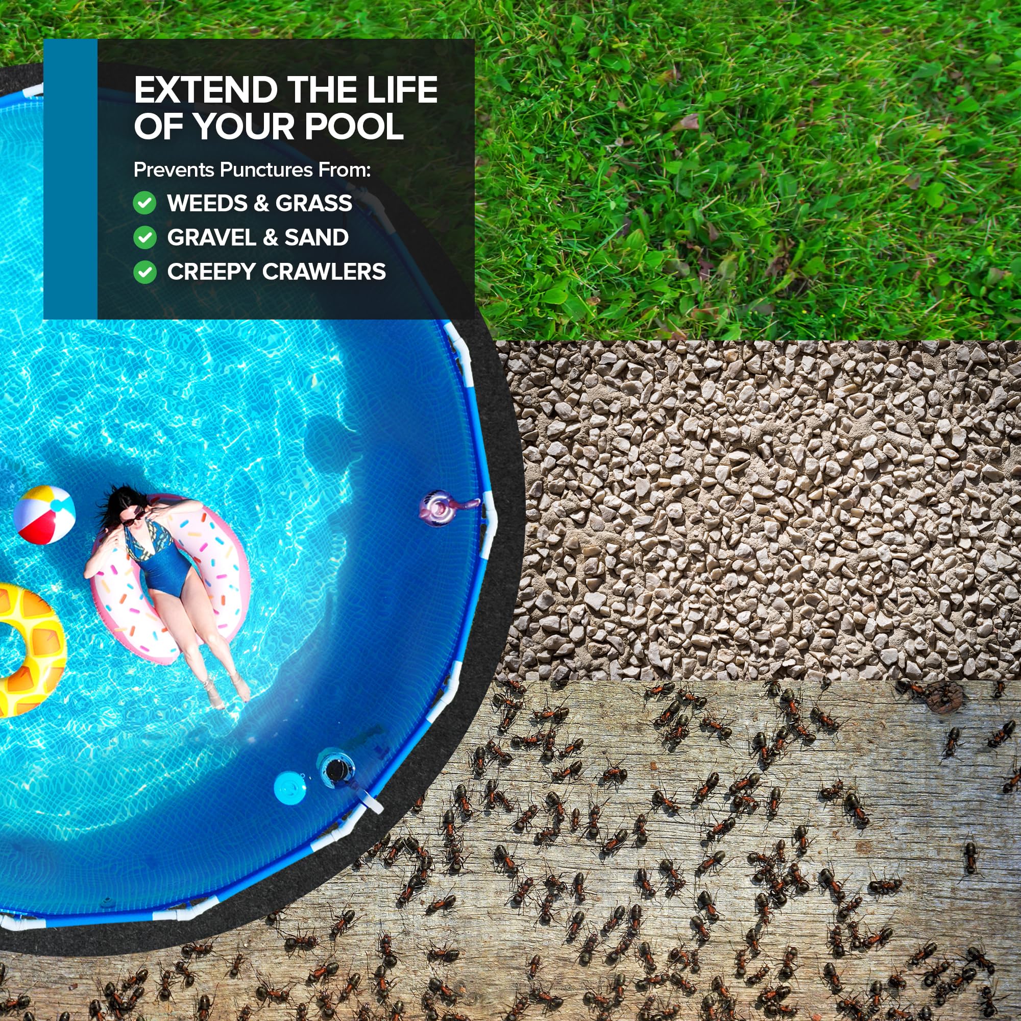 Modern Innovations heavy-duty pool mat durable on grass, sand, concrete, and decks