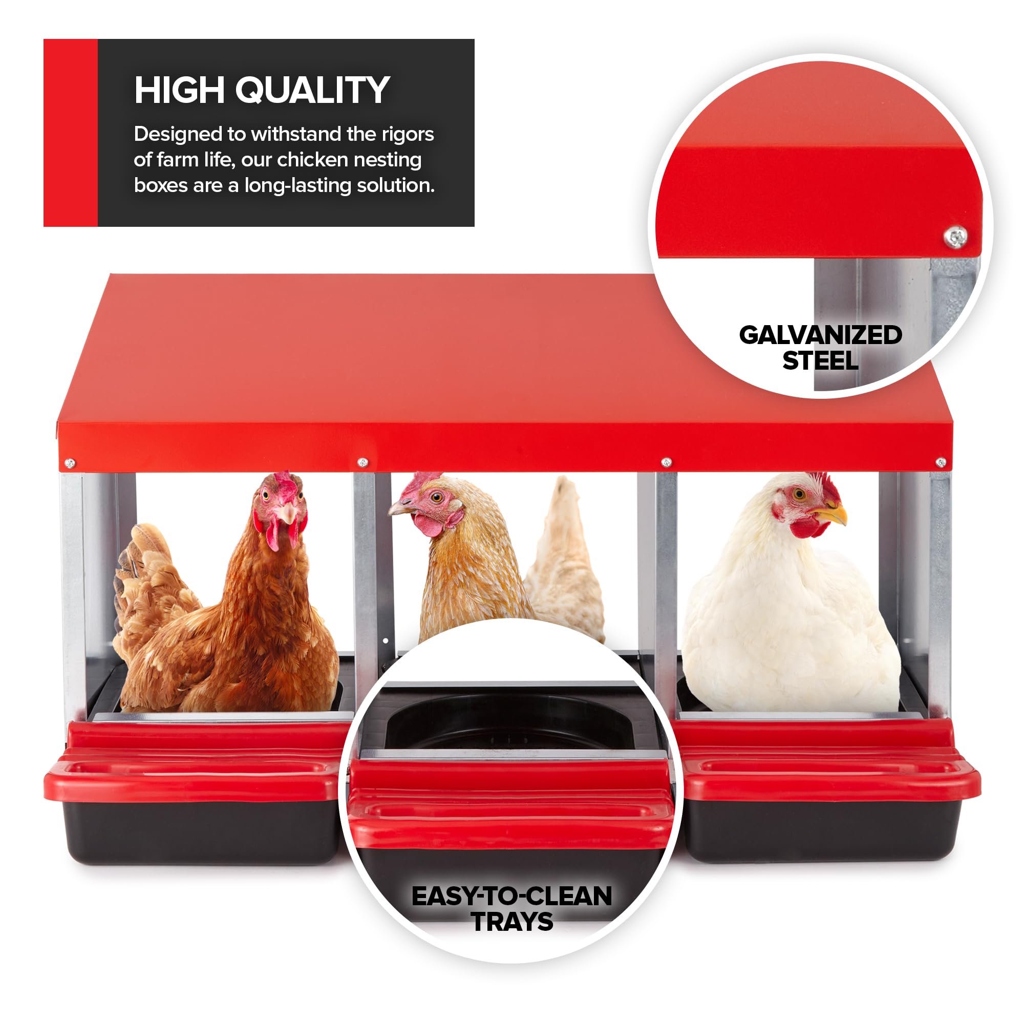 Modern Innovations perch and ventilation holes highlight chicken comfort and airflow.