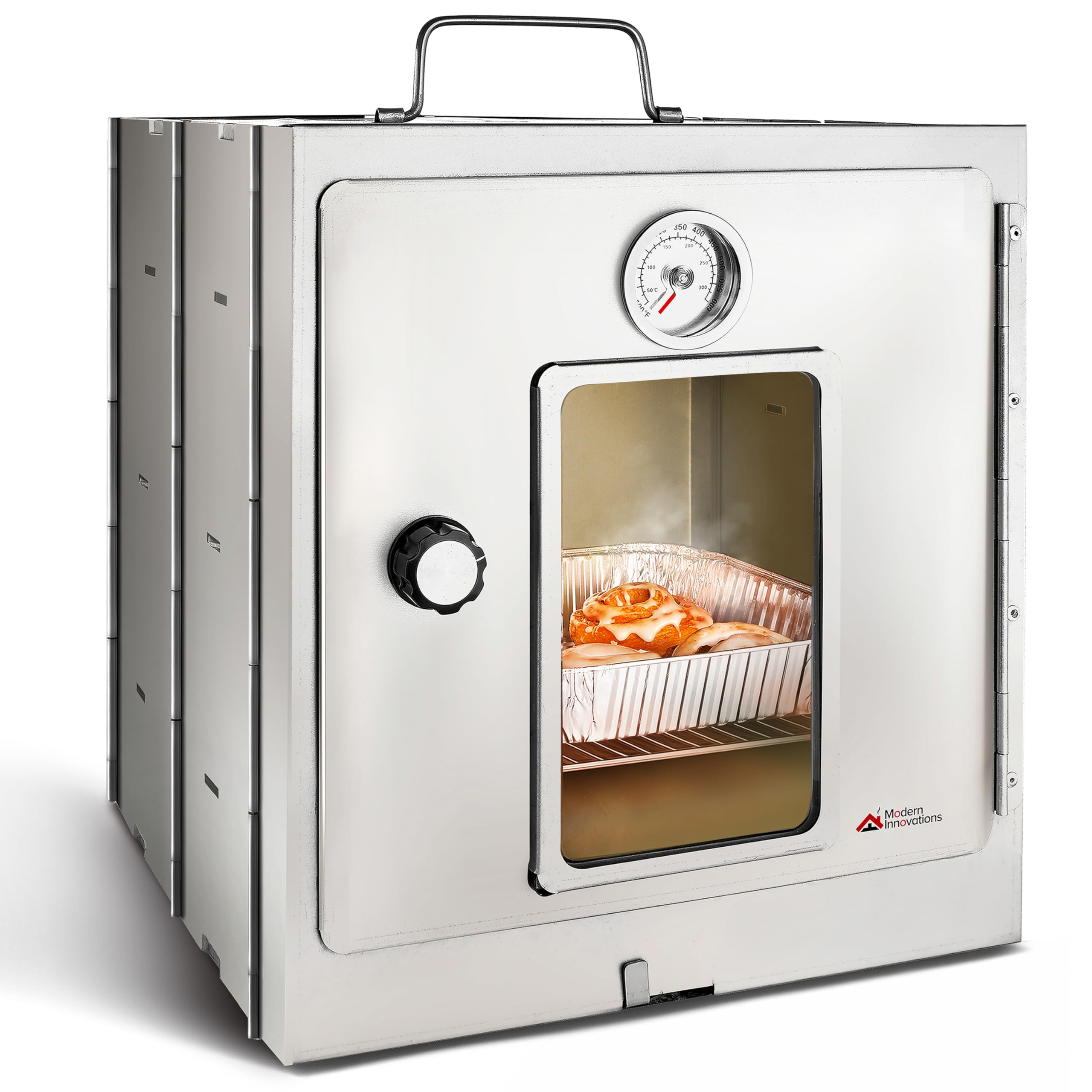 Modern Innovations portable camping oven front view showing foldable design for travel-ready baking
