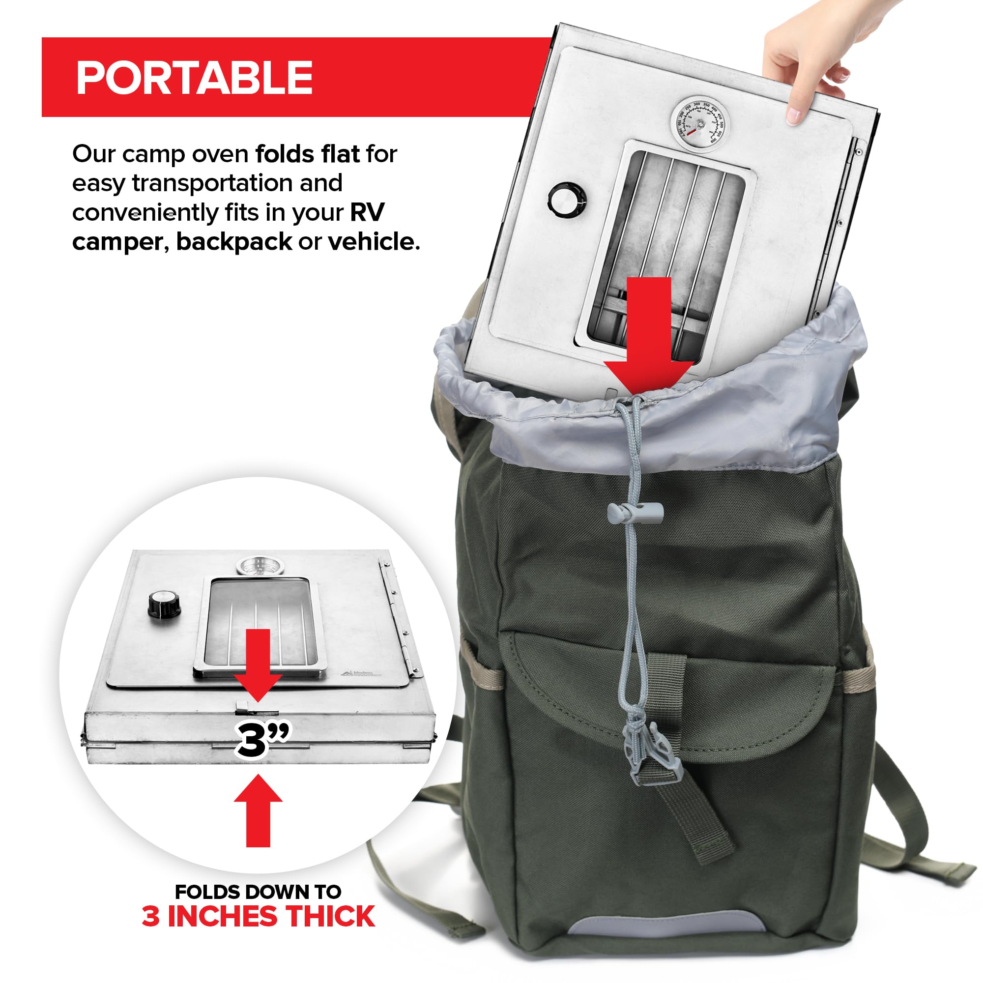 Modern Innovations portable camping oven over wood fire demonstrates outdoor baking potential