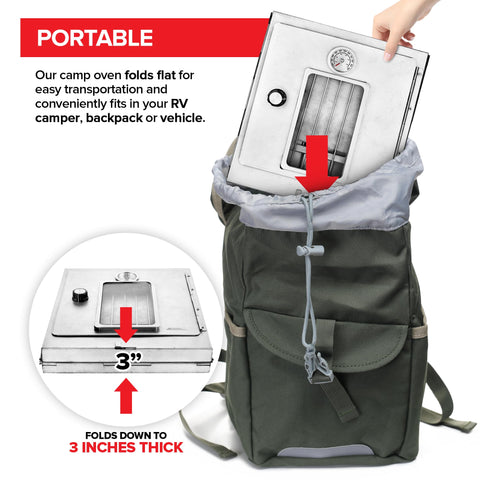 Modern Innovations portable camping oven over wood fire demonstrates outdoor baking potential