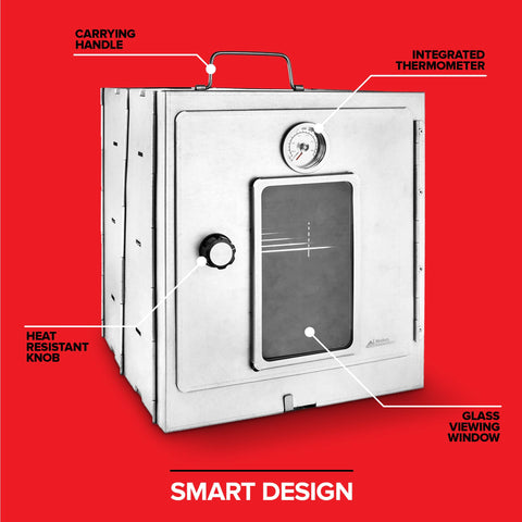Modern Innovations portable camping oven on stove shows compatibility with propane or gas stoves