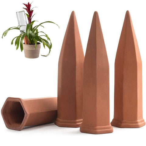 Modern Innovations terracotta self-watering stake setup for easy plant care.