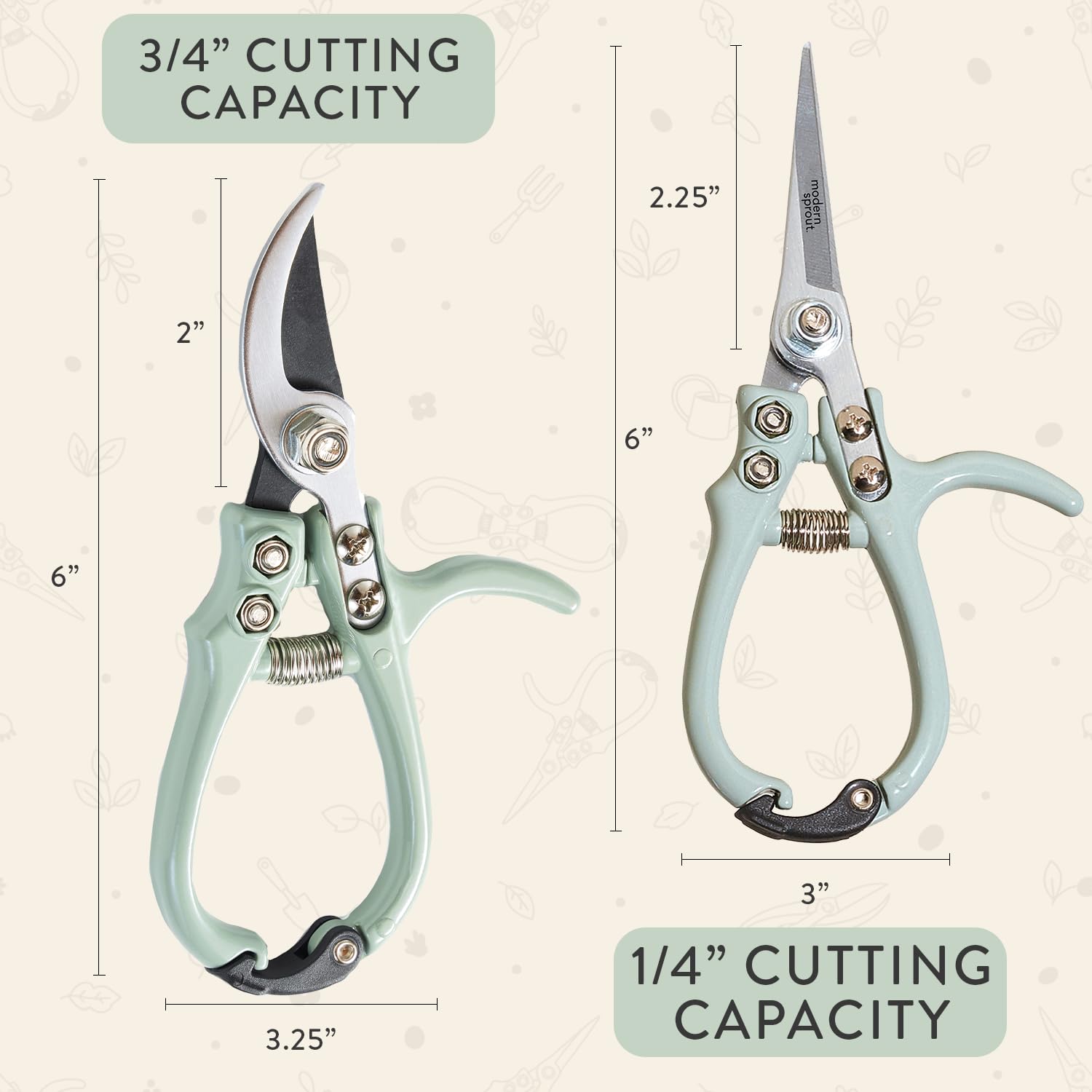 Modern Sprout bypass pruners handle thicker stems without crushing.