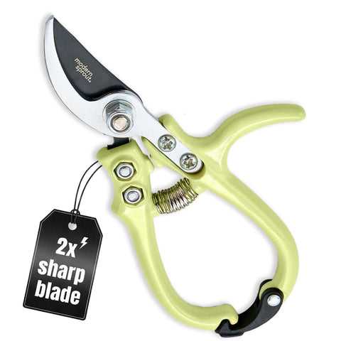 Modern Sprout Hand Pruner chartreuse blade close-up shows rust-resistant carbon steel for precise cuts