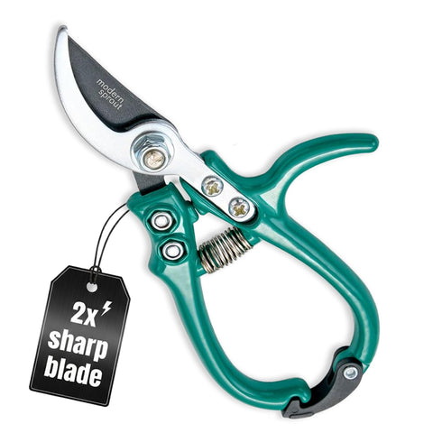Modern Sprout Hand Pruner in Ocean finish with closed safety latch.