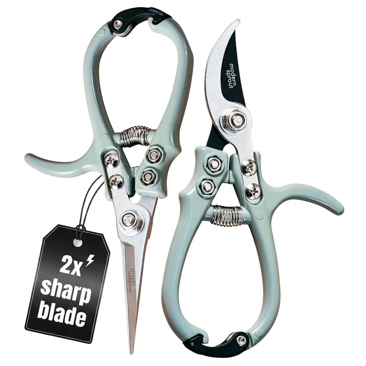 Modern Sprout hand pruners and shears set in Sage finish for precise cuts.