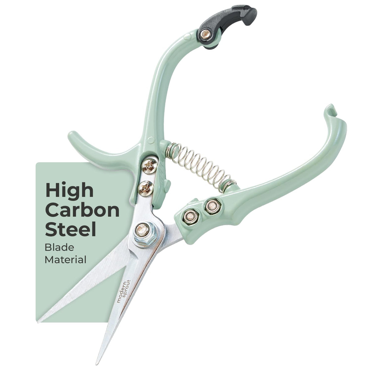 Modern Sprout pruning shears carbon-steel blade close-up for precise, clean cuts.