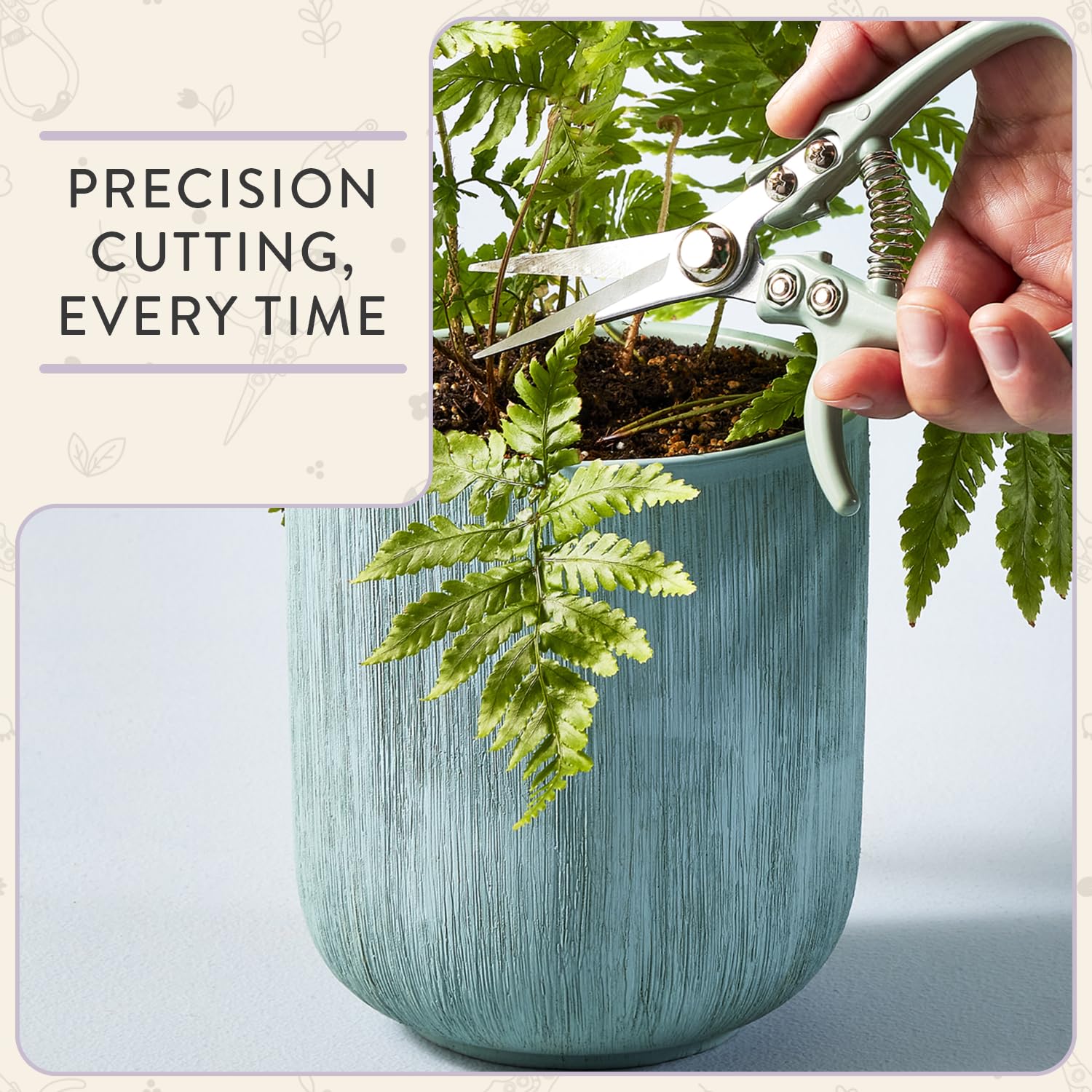 Modern Sprout pruning shears lavender angle cut, precise trimming in tight spaces.