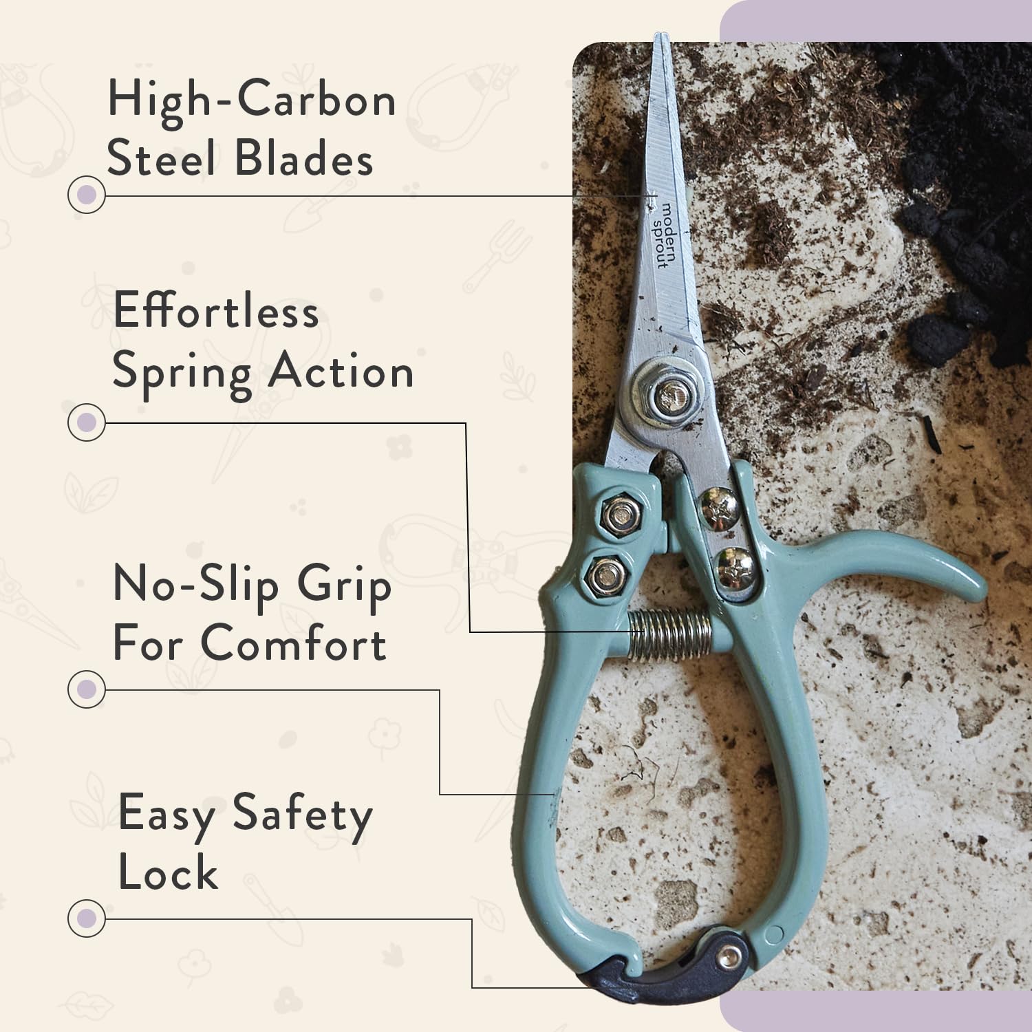 Modern Sprout pruning shears lavender blade closeup, rust-resistant steel for clean cuts.