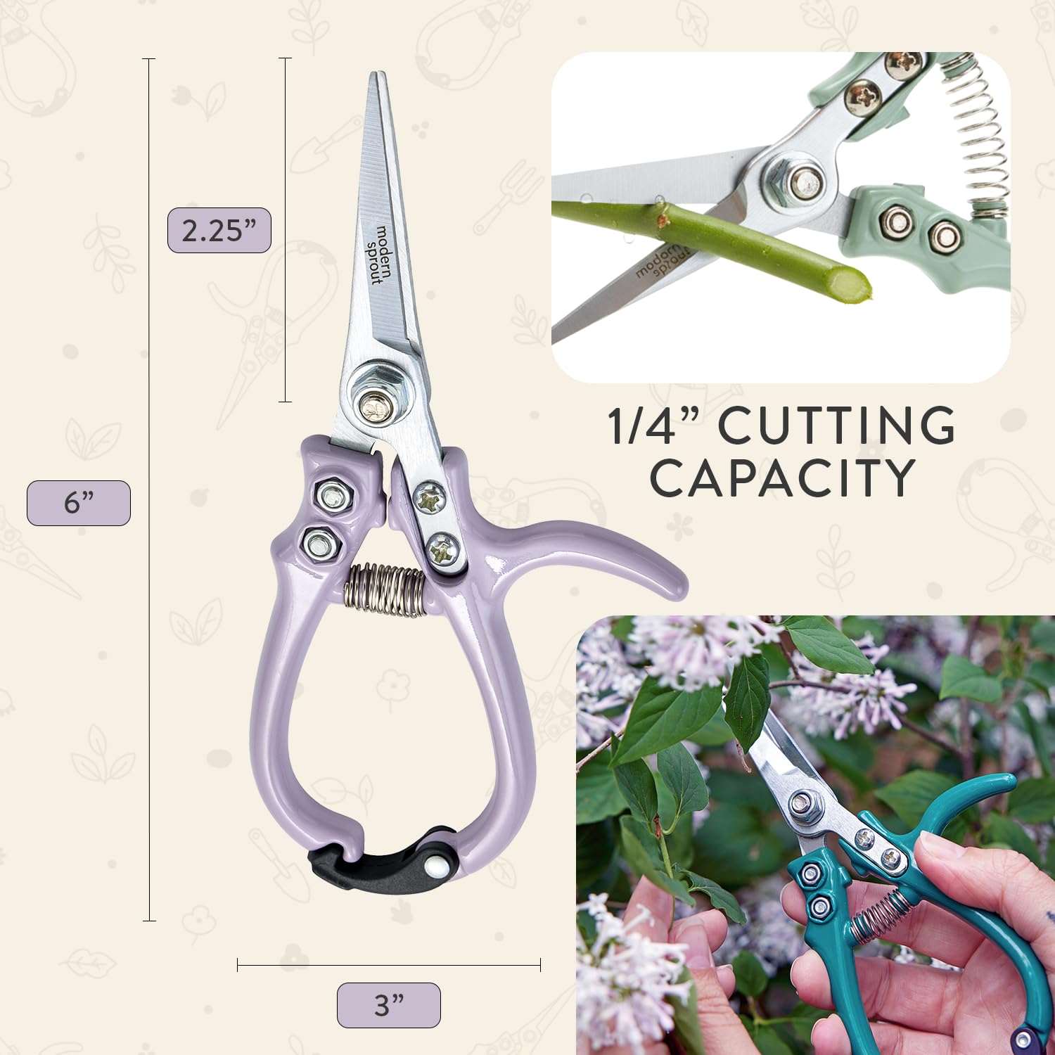 Modern Sprout pruning shears lavender in-hand use, lightweight comfort for long sessions.