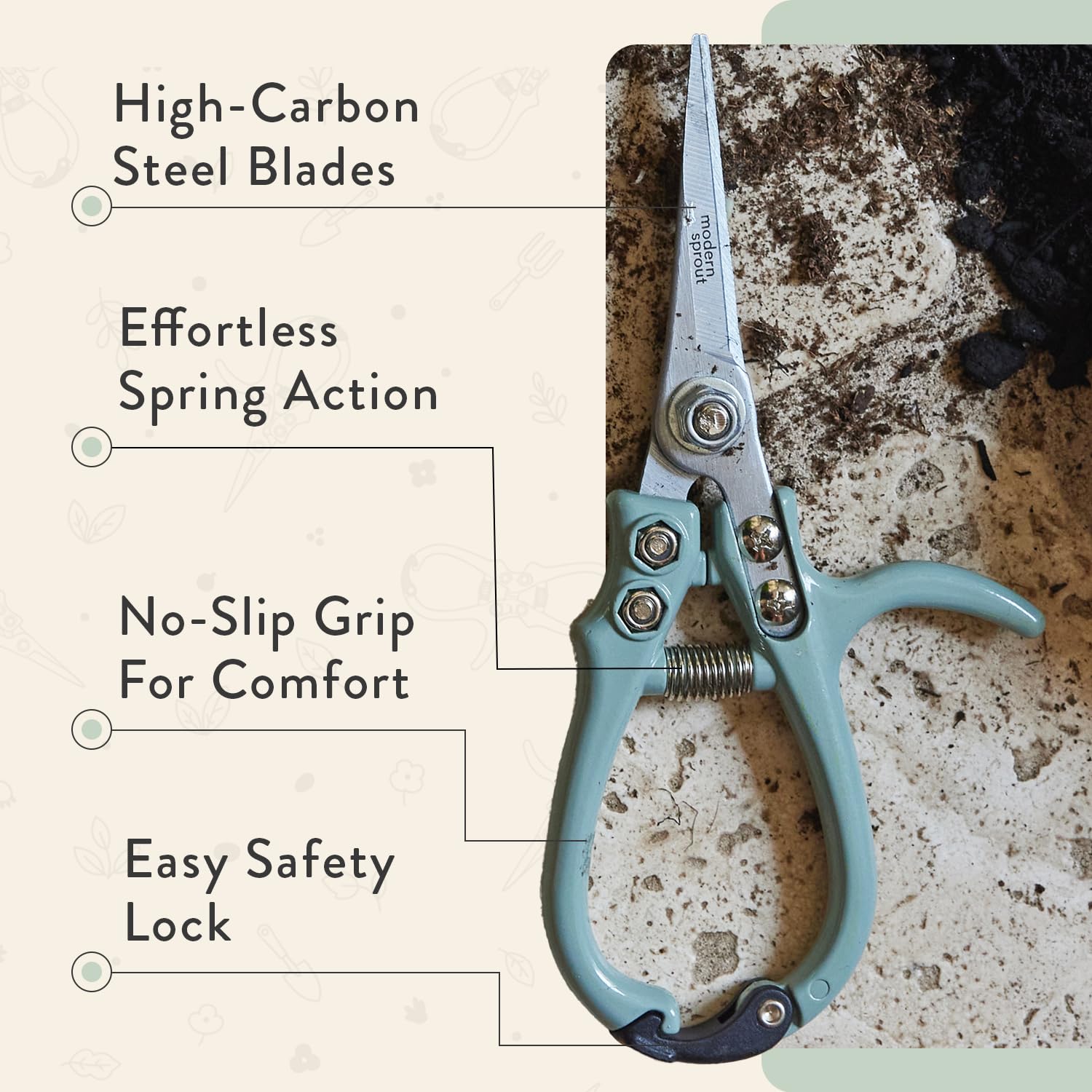 Modern Sprout pruning shears narrow-tip design reaches tight stems without damage.