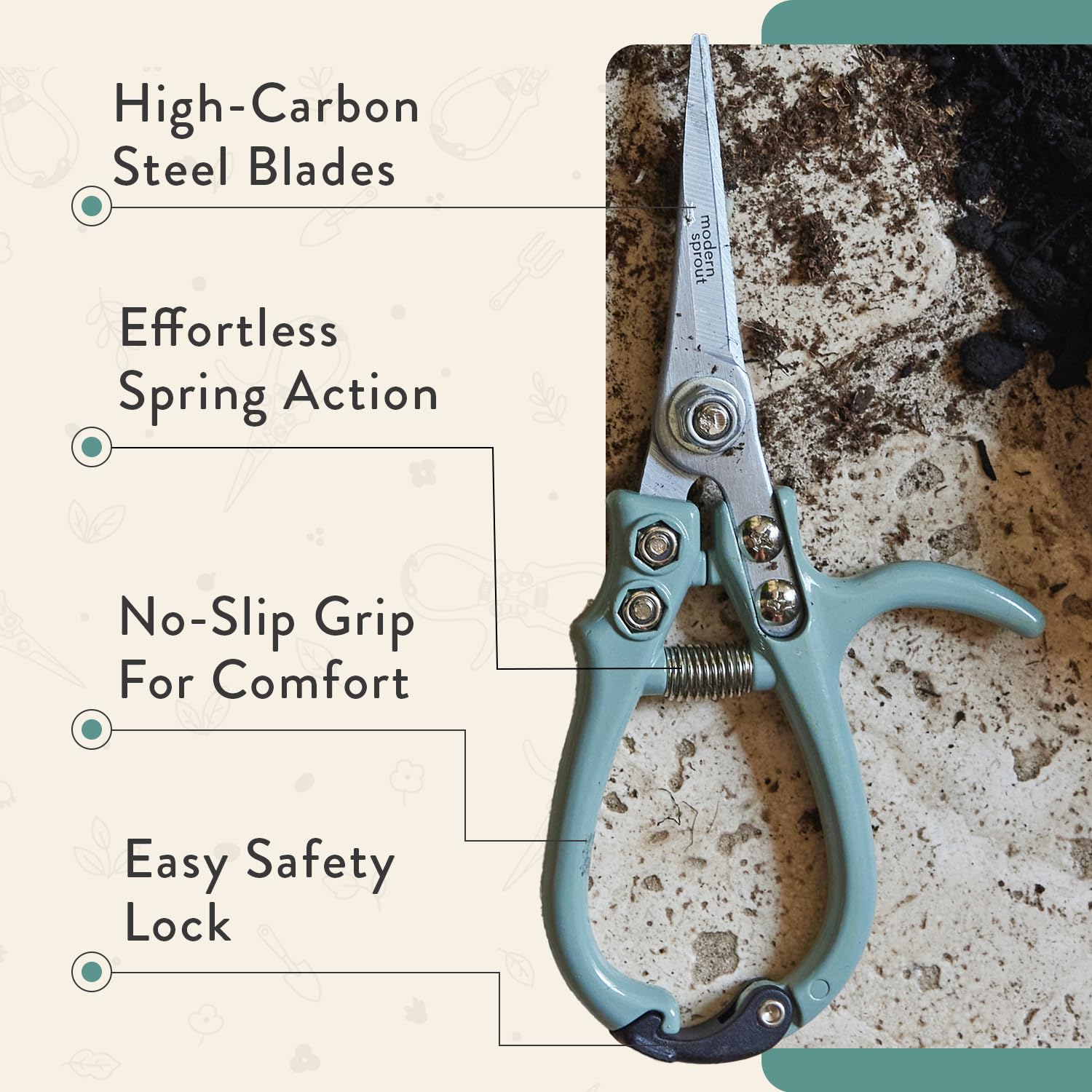 Modern Sprout Ocean pruning shears safety lock keeps blades secure when stored