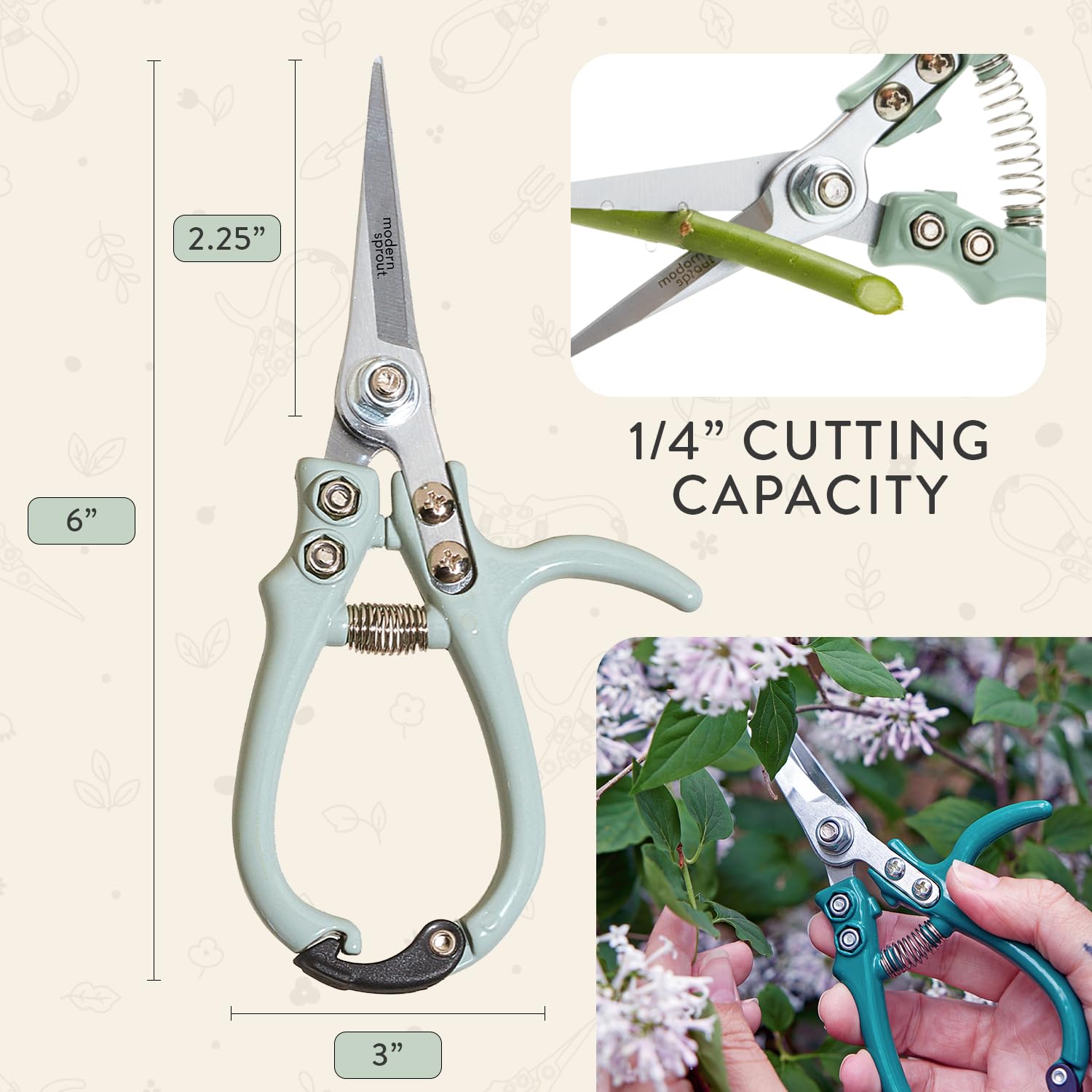 Modern Sprout pruning shears sage color packaged for garden-ready setup.