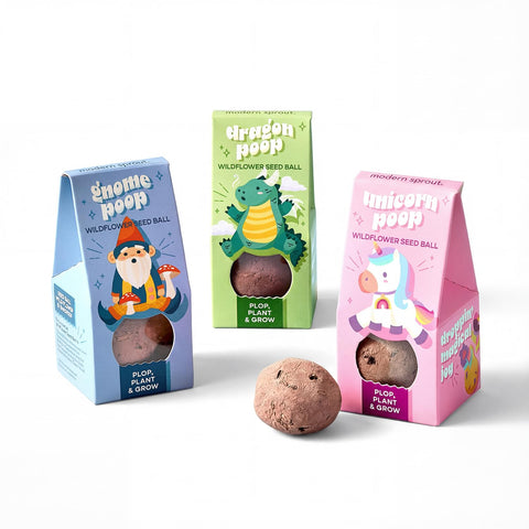 Modern Sprout seed ball poop dragon design for kid-friendly planting fun with wildflowers