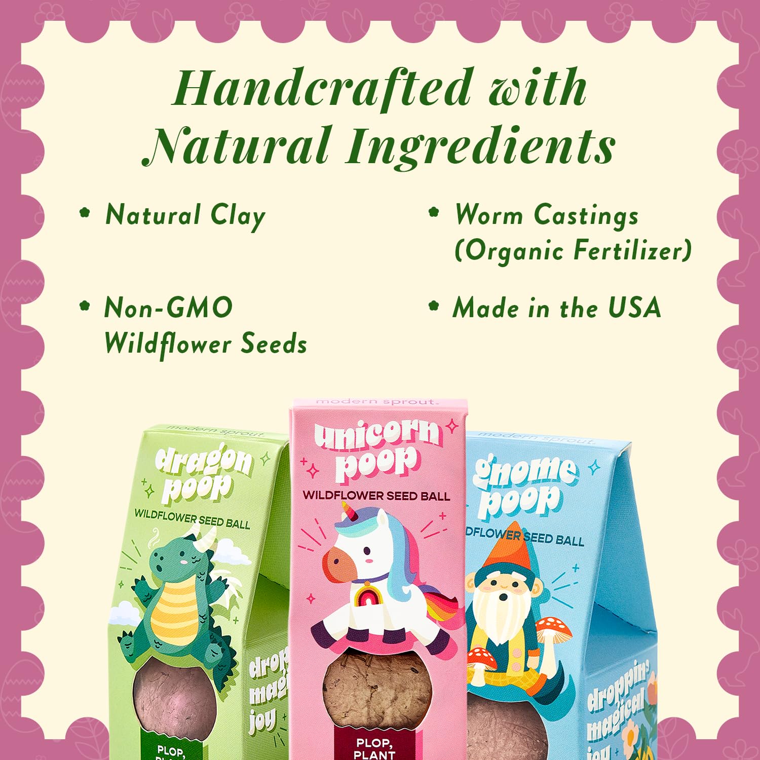 Modern Sprout seed ball poop gnome design encourages easy gardening