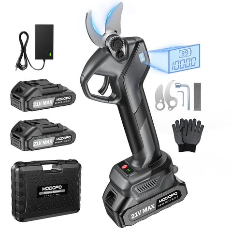 Modofo electric pruning shears with LCD display showing battery and cut count