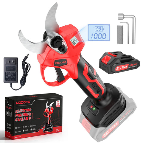 MODOFO electric pruning shears with LCD display closeup showing battery status and cut count