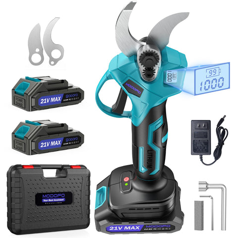 MODOFO Upgraded Electric Pruning Shears with LCD display for real-time battery and cut progress.