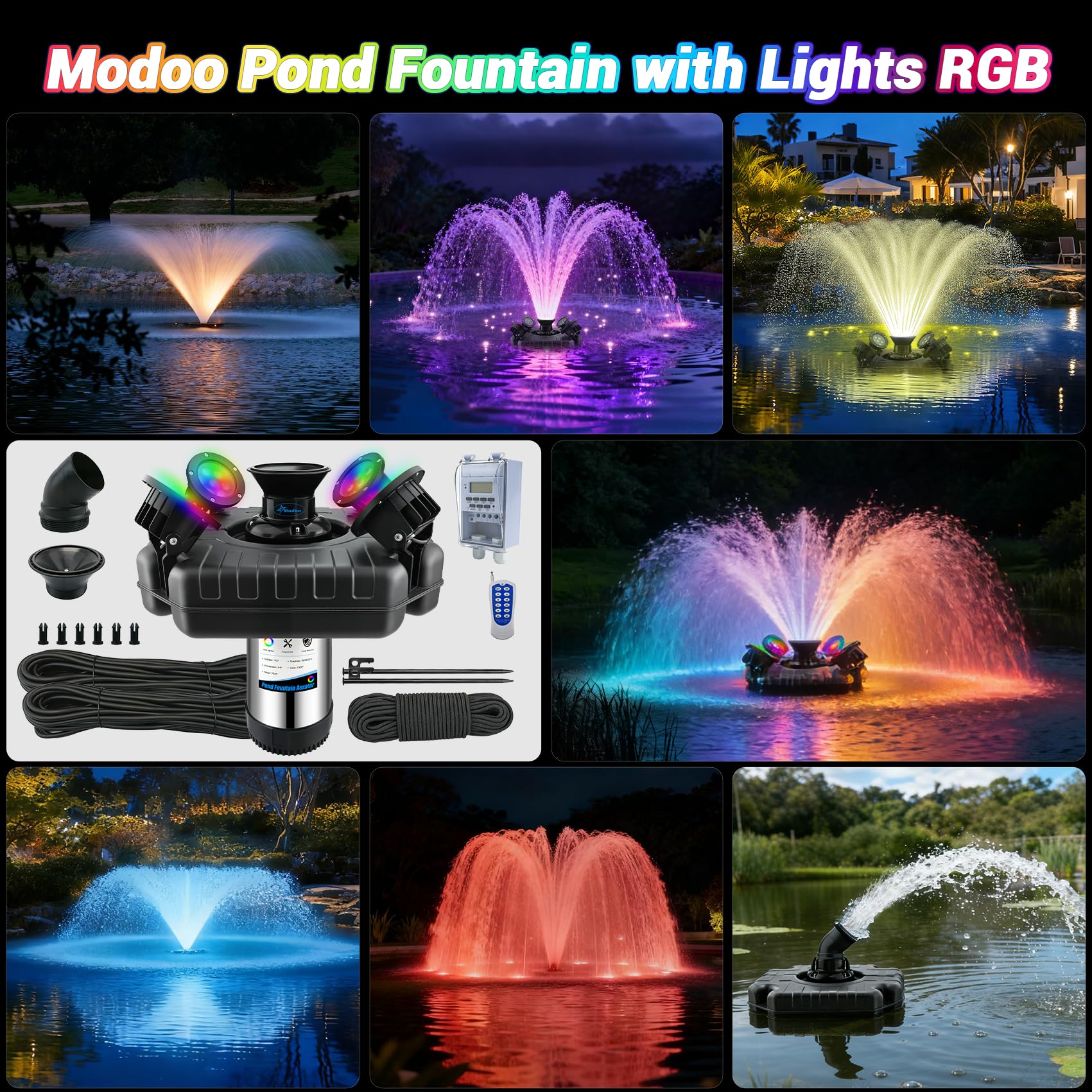 Modoo pond fountain demonstrates 30-foot spray coverage for larger ponds.