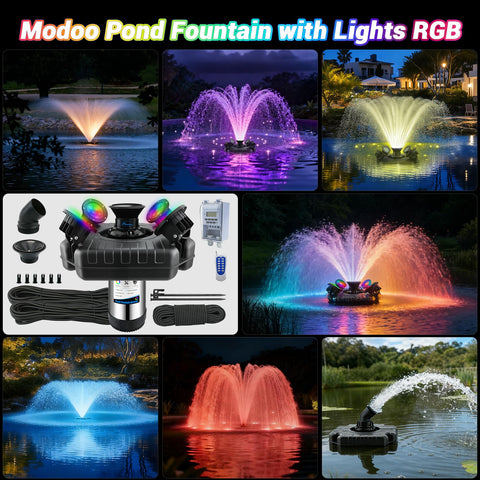 Modoo pond fountain demonstrates 30-foot spray coverage for larger ponds.