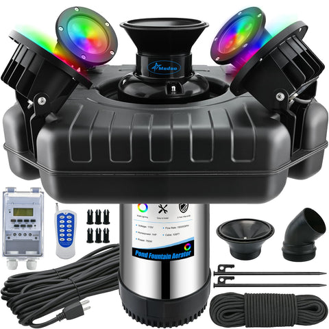 Modoo pond fountain aerator with dynamic RGB lights enhances nighttime water features.