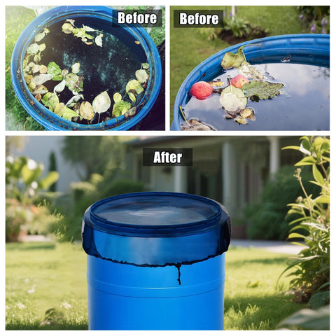 MODOSON cover installed in garden barrel keeps water cleaner during rain