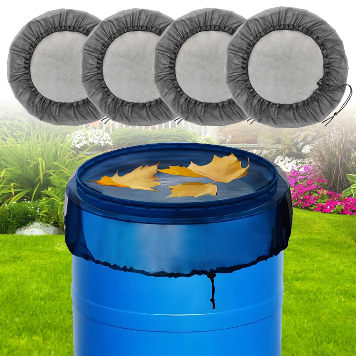 MODOSON rain barrel mesh cover top view with secure fit keeps debris out
