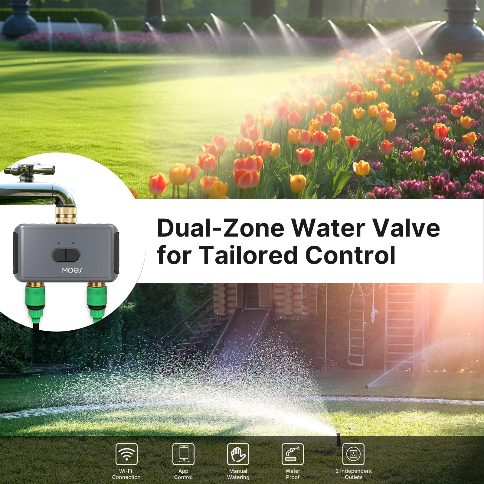 Durable brass fittings provide reliable water flow in outdoor conditions.
