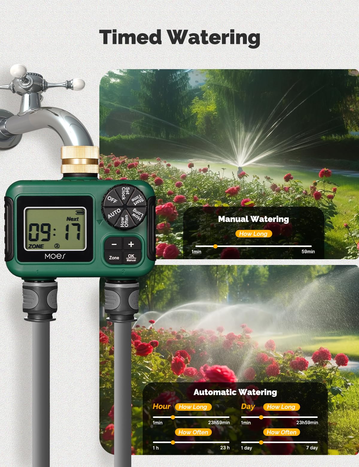 MOES manual watering mode with large LCD for quick irrigation