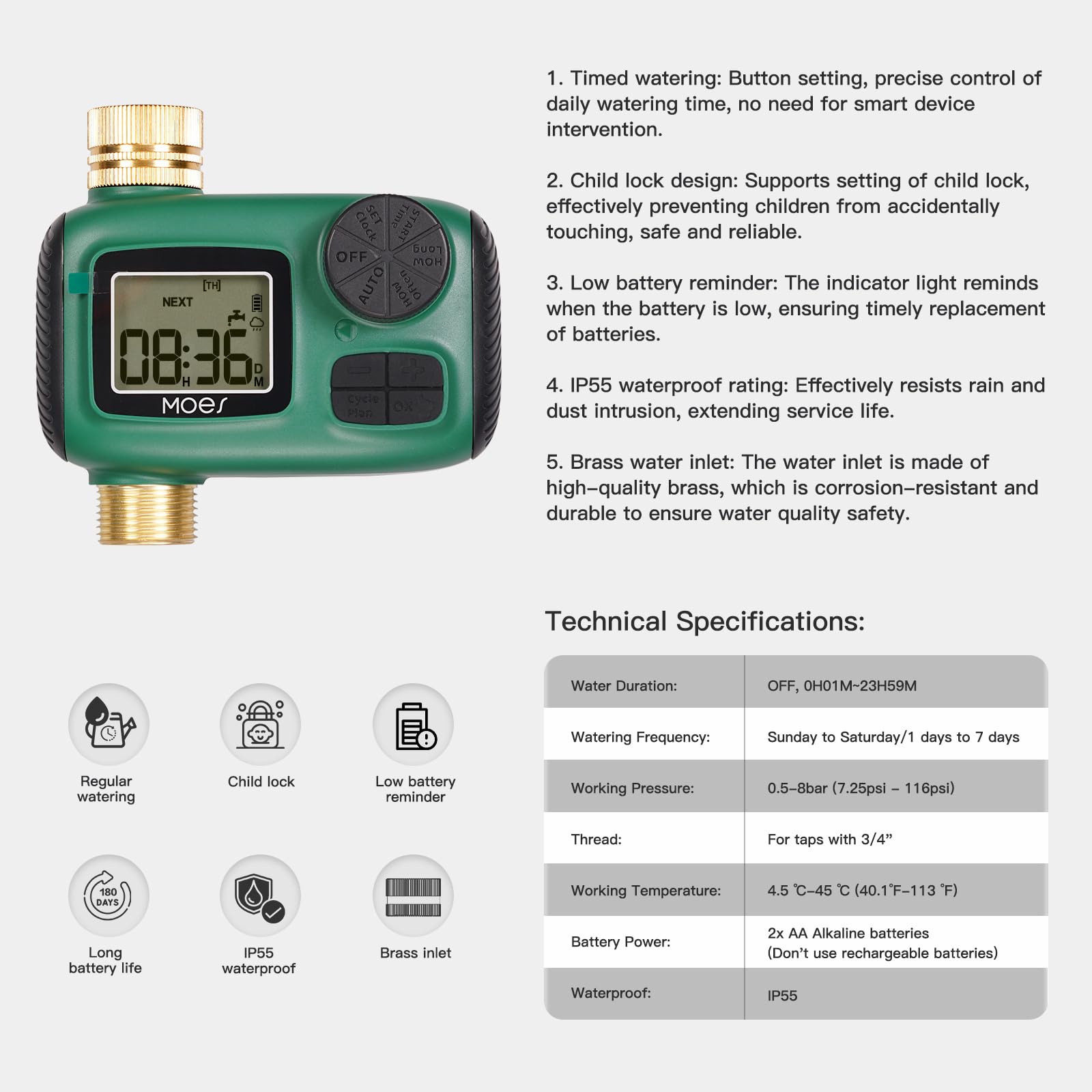 MOES timer backed by three years of product support for lasting performance.