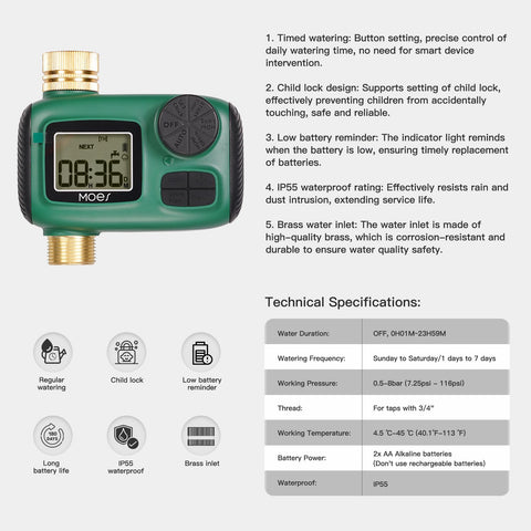 MOES timer backed by three years of product support for lasting performance.