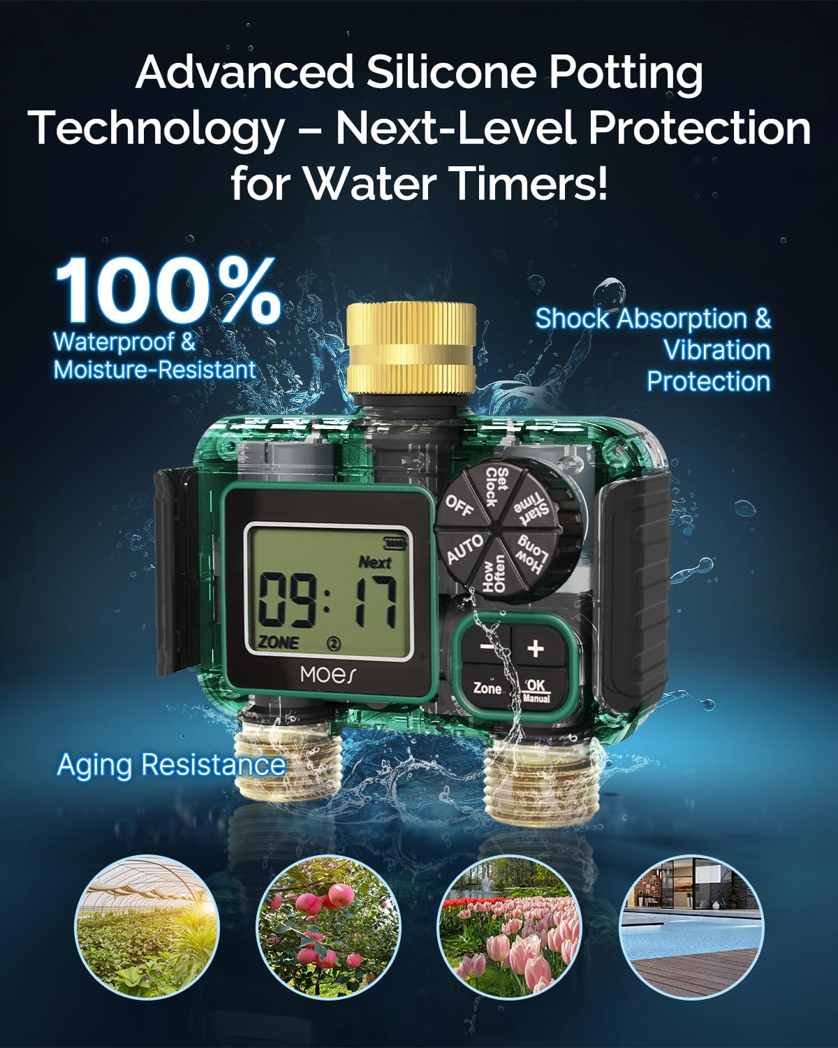 MOES sprinkler timer with brass inlet and outlet delivers durable, leak-resistant performance.