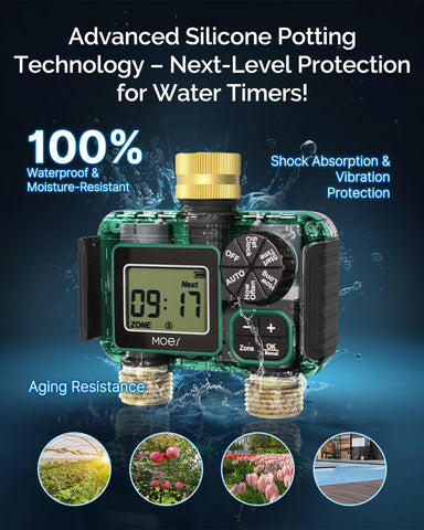 MOES sprinkler timer with brass inlet and outlet delivers durable, leak-resistant performance.