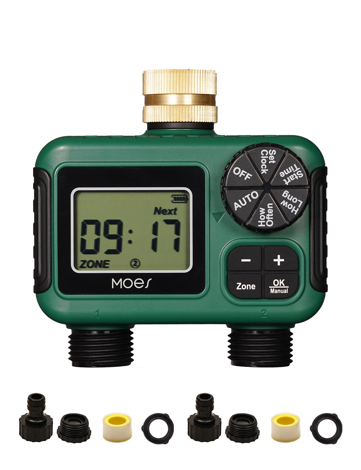 MOES sprinkler timer with brass inlet for durable outdoor use