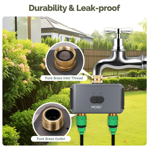 MOES timer hub enables remote irrigation control via smartphone for two zones.