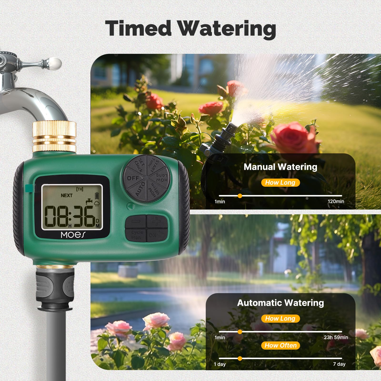 MOES timer in manual watering mode for immediate irrigation flexibility.