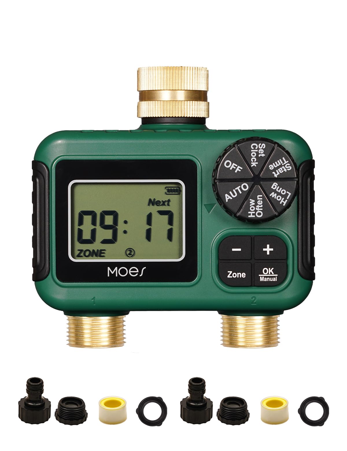 MOES two-outlet sprinkler timer enables dual-zone irrigation for varied garden needs.