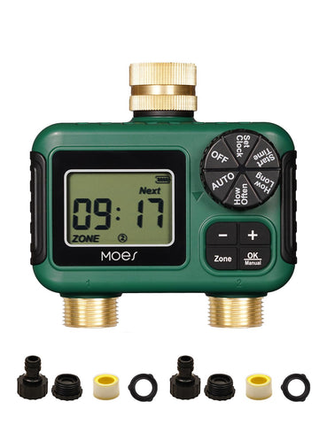 MOES two-outlet sprinkler timer enables dual-zone irrigation for varied garden needs.