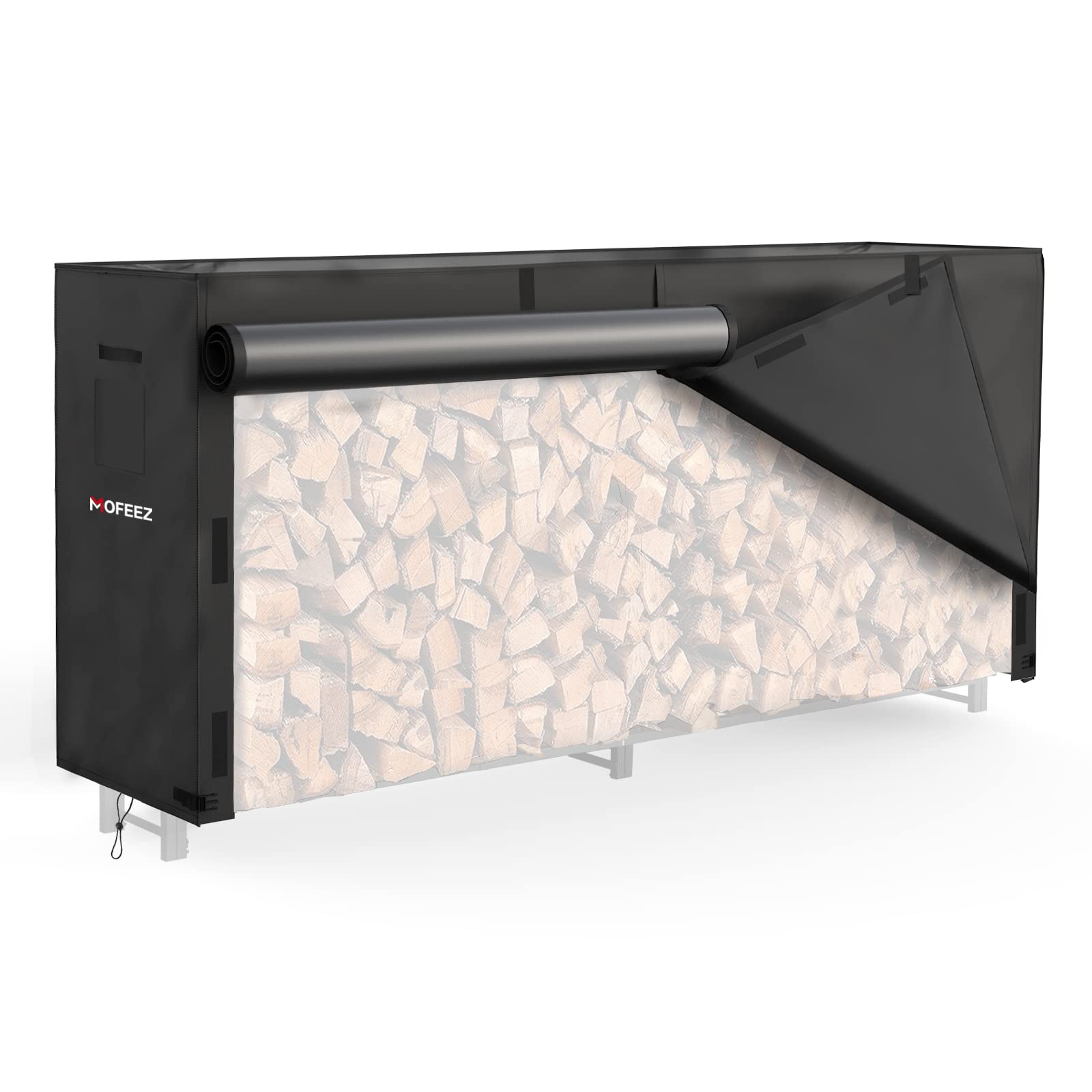 MOFEEZ firewood log rack cover top view shows universal 96L x 24W x 42H fit